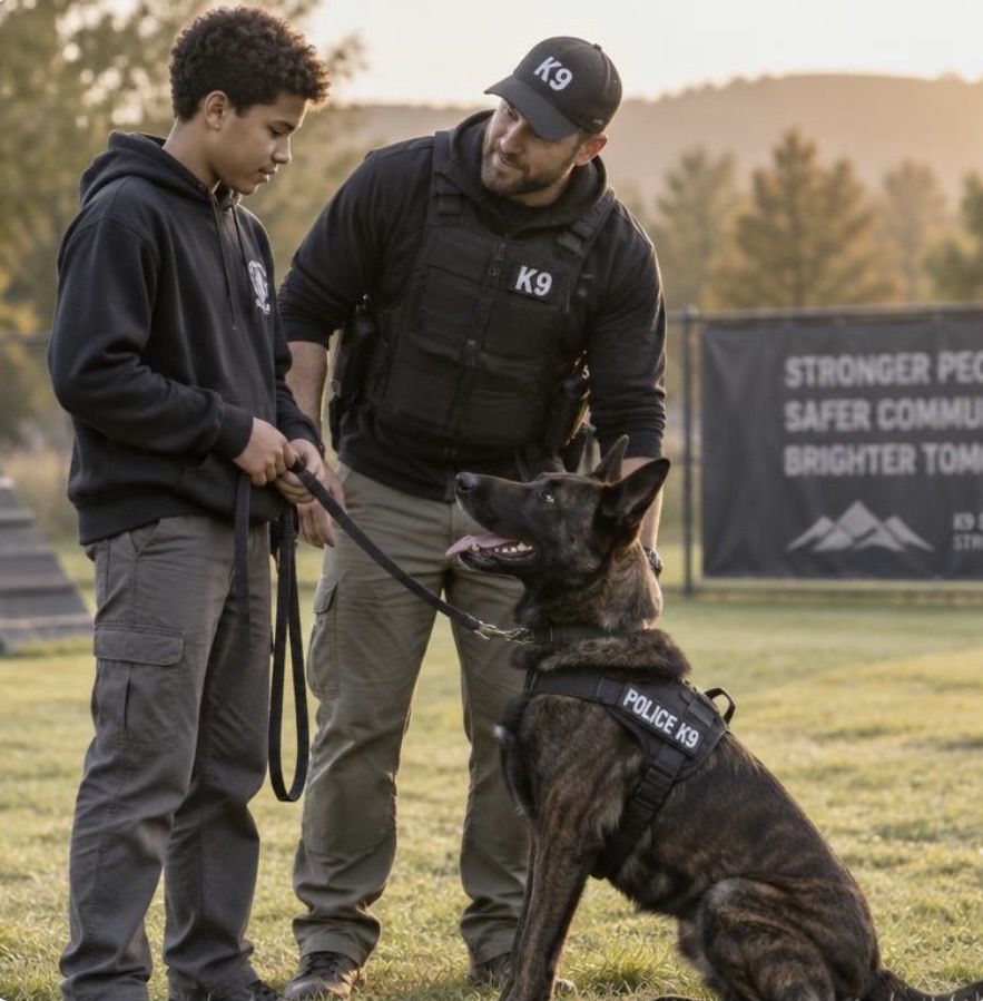 A police K9 officer mentoring a young man as they handle a Dutch Shepherd police K9